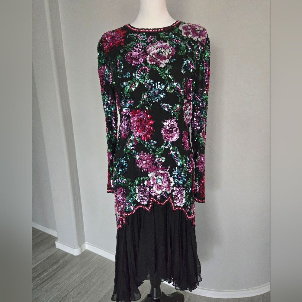 Vtg Floral Sequin Beaded Silk Dropped Waist Evening Gown Dress Black Tie Sz 12